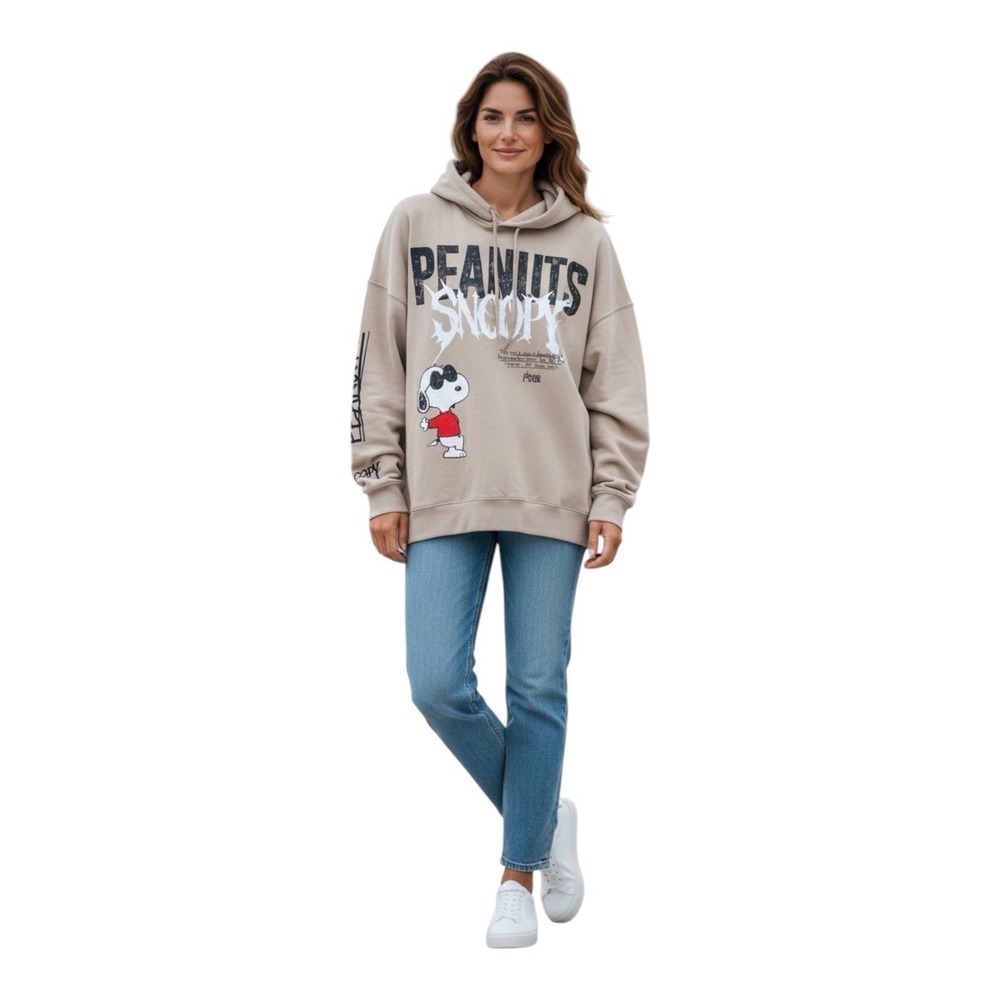 Peanuts Snoopy Joe Cool‎ Oversized Graphic Hoodie Khaki Tan Women L Pullover